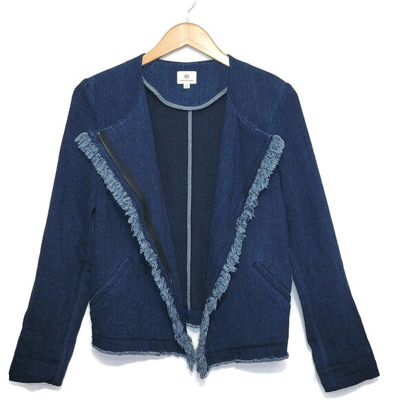 AG Adriano Goldschmied Blue Denim Zip Front Jacket Frayed Trim Casual Chic M - Picture 3 of 16